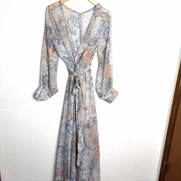 Paisley Maxi Dress blue cream sheer sz L flowy long sleeve whimsy feminine - Picture 3 of 13
